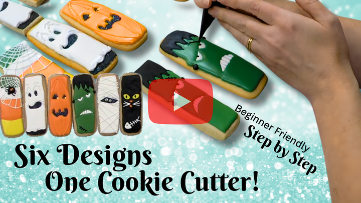 A promotional graphic for a new video showing decorated Halloween cookies, a hand icing a cookie, and large text reading &