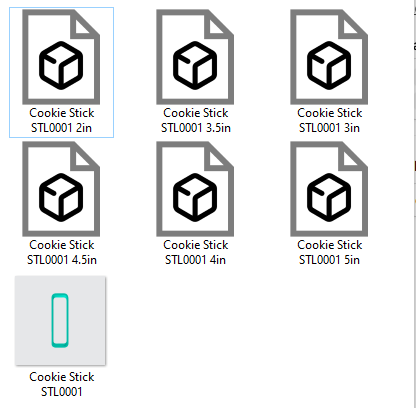 A grid of digital product renderings showing various cookie stick STL file formats with dimensions, including 2in, 3.5in, 3in, 4.