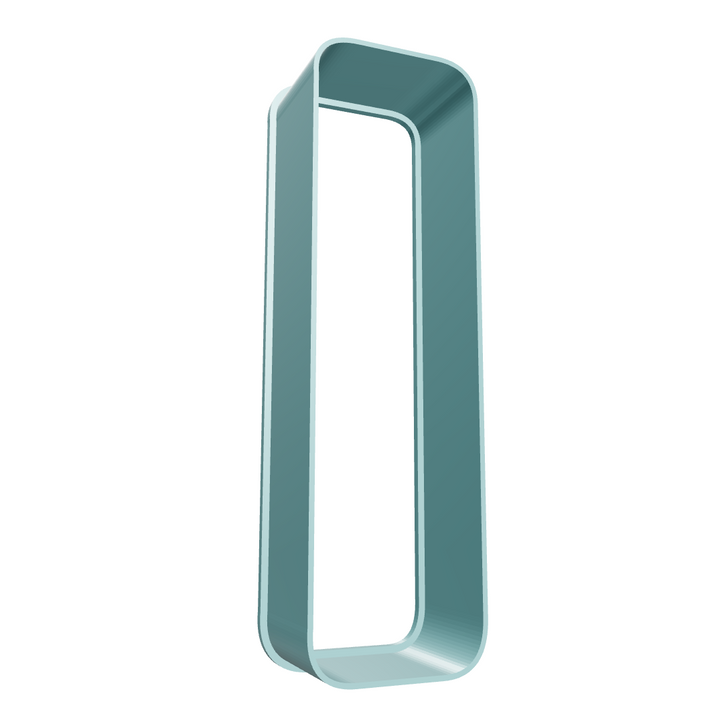 A 3D view of a vertical rectangle cookie cutter with rounded corners in a muted teal color, shown against a solid white background.