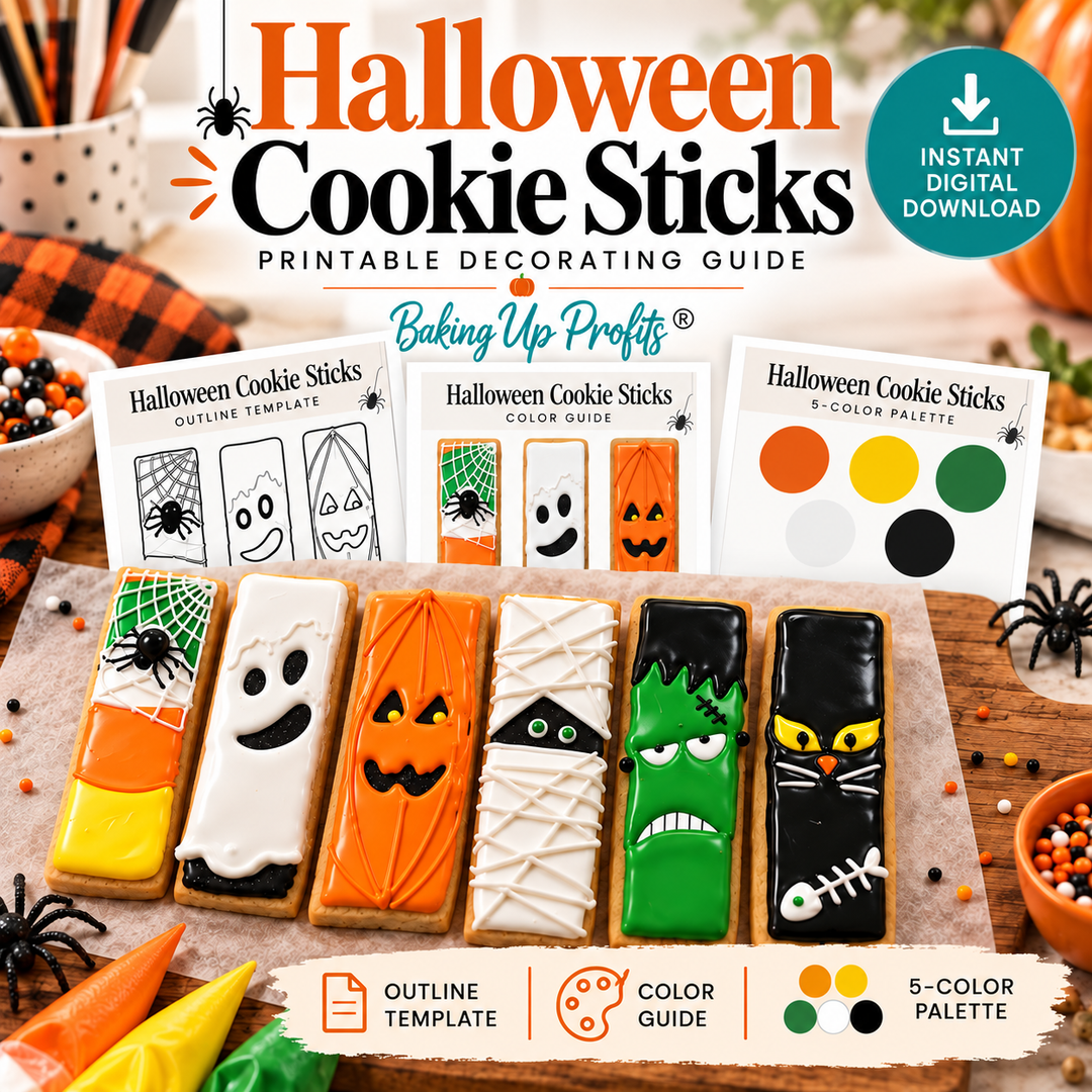 Halloween cookie stick printable decorating guide cover showing decorated rectangular cookies, sample outline templates, color guides, and 5-color palettes on a styled tabletop with seasonal props.
