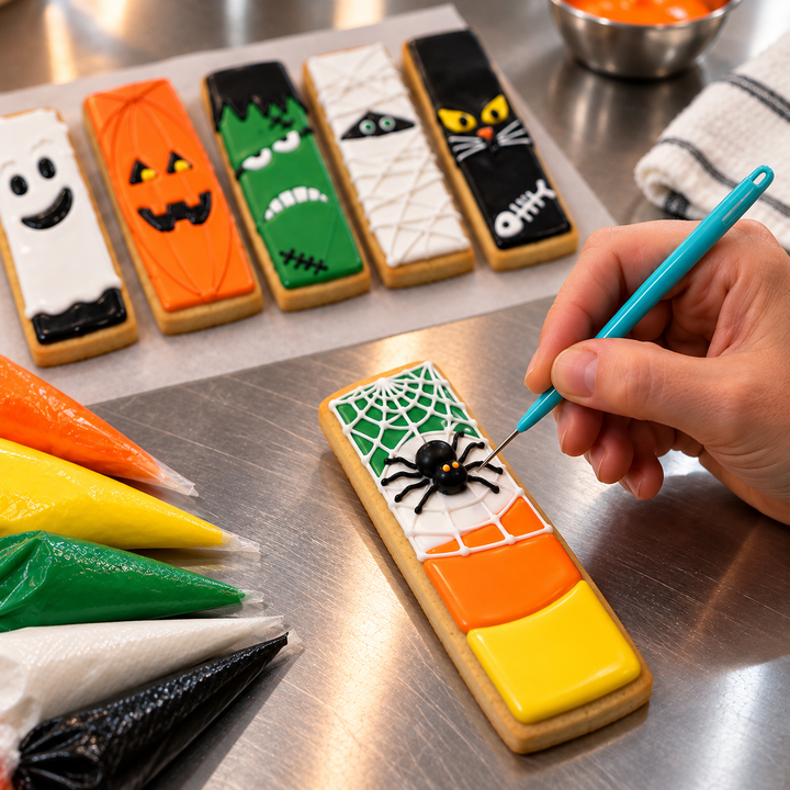 A hand uses a blue-handled scribe tool to decorate a rectangular sugar cookie with a spider and candy corn design. Several other decorated Halloween cookies are lined up in the background on a stainless steel surface, with piping bags visible in the foreground.